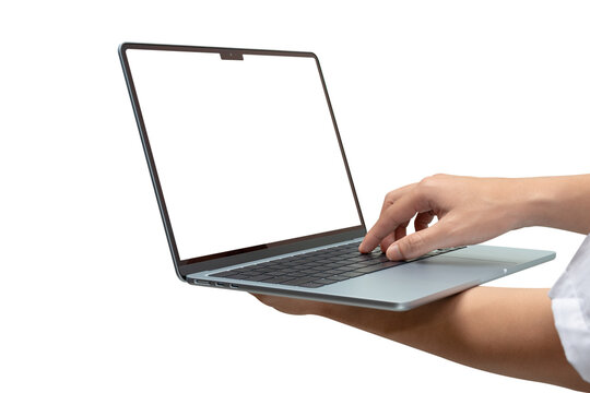 Side view of hands using modern laptop with customizable blank screen. Isolated on transparent PNG. Concept for technology, business, finance and advertising.	