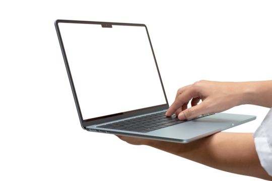 Side view of hands using modern laptop with customizable blank screen. Isolated on transparent PNG. Concept for technology, business, finance and advertising.	 - Powered by Adobe