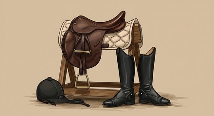 Equestrian equipment illustration brown leather saddle riding boots and helmet