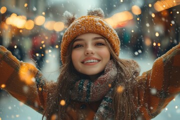 Woman in winter clothing and hat, arms outstretched.