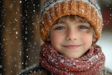 Young girl with hat and scarf in snow.