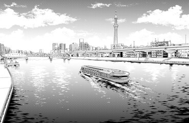 漫画風ペン画イラスト　河川敷