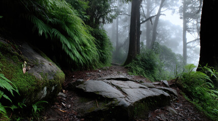 Misty forest path with lush green ferns, moss covered rocks, and tall trees creates tranquil, mysterious atmosphere in early morning