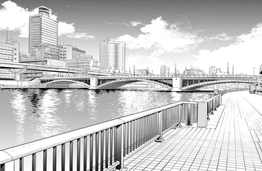 漫画風ペン画イラスト　河川敷