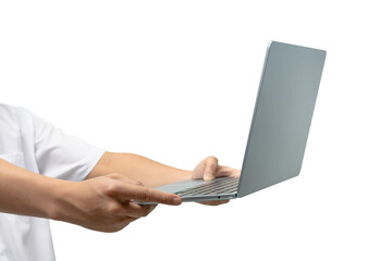 Side view of hands holding modern laptop isolated on transparent PNG. Concept for technology, business, finance and advertising.	