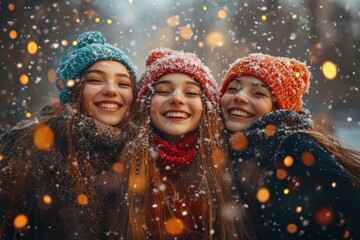 girls in winter clothes laughing and smiling.