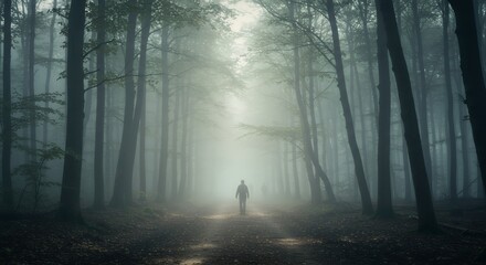 Naklejka premium A dreamlike vision of Hoia Baciu Forest, foggy and surreal with glowing reflections in the air