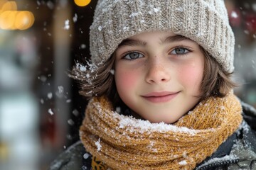 Young girl in hat and scarf playing in snow.