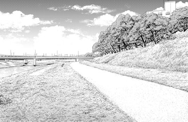 漫画風ペン画イラスト　河川敷