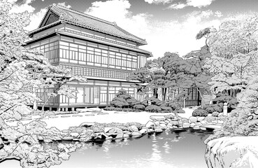 漫画風ペン画イラスト　和風（外観）