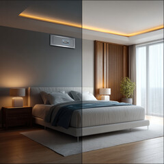 Modern bedroom at twilight with cozy lighting, large window, wooden accent wall, white bed, and serene atmosphere for restful sleep