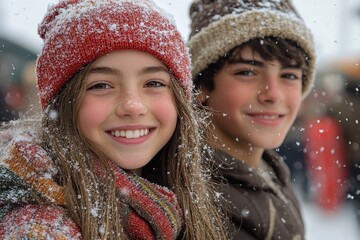 young girls in winter clothing and hats.