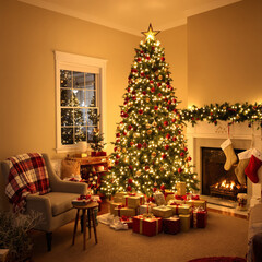 A warm and festive living room decorated for Christmas, featuring a large glowing Christmas tree