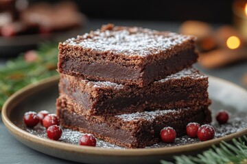Plate of brownies topped with cranberries and almonds.