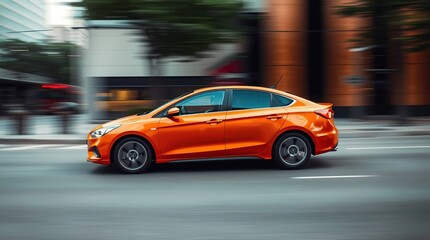 Fototapeta premium Orange car speeding city street.