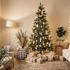 A stylish bohemian living room with a Christmas tree decorated with macrame ornaments