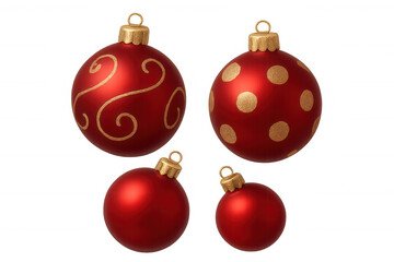 Fototapeta premium Christmas ornaments set including red and gold patterned balls and plain matte red baubles on transparent background