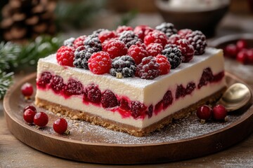 Cheesecake topped with berries and powdered sugar.