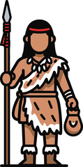 A bold flat line vector icon/illustration of a tribal or indigenous person (hunter-gatherer), standing and holding a spear in one hand and a pouch or bag in the other. 