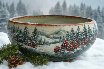 Christmas scene painted on bowl.