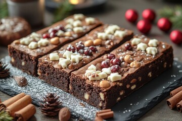 Chocolate brownies topped with cranberries and nuts.