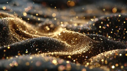 Abstract wavy texture with gold sparkles and dark background.