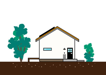 太陽光パネルのあるシンプルな平家風住宅外観ベクターイラスト｜省エネ・パッシブデザイン
