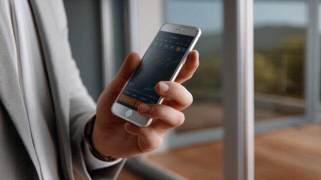 Businessman hand holding smartphone with stock market graph app, modern office background, financial technology concept