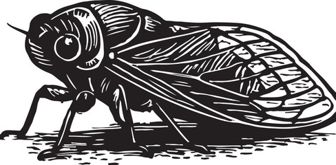 Detailed black and white woodcut illustration of a large insect with prominent wings and segmented body on a white background © toomotion