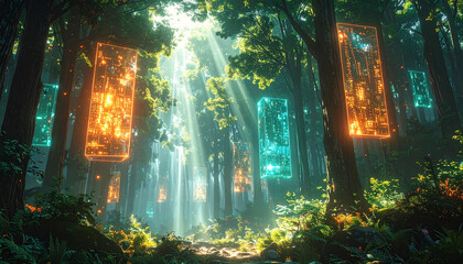 Fototapeta premium Futuristic glowing forest with holographic crystal panels and neon cyan orange eco technology design