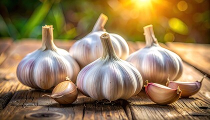 Obraz premium Close Up of Whole Garlic Bulbs and Cloves on Weathered Wooden Surface with a Soft Bokeh Background Under Bright Sunlight