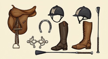 Equestrian gear illustration saddle helmets boots and riding equipment