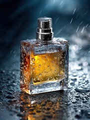 The luxurious perfume bottle sits elegantly on a smooth, reflective acrylic surface, embellished with delicate water droplets for a fresh, high-end aesthetic.