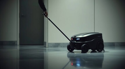 Person guiding robot in hallway.