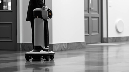 Person guiding robot in building.