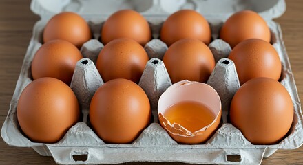 Close up view of a carton of brown eggs with one cracked open on a wooden surface