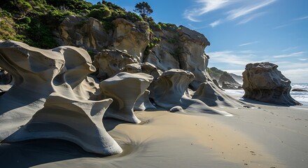 Dramatic rock formations on sandy beach under blue sky and sunlight