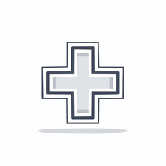 Fototapeta premium A stylized, three-dimensional plus sign with a shadow beneath, featuring layered outlines and a modern, geometric design in shades of gray and navy blue