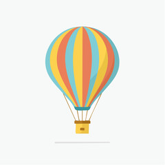 Naklejka premium Colorful hot air balloon with vertical stripes in blue, orange, and yellow, featuring a small basket at the bottom suspended by ropes