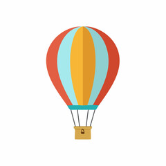 Fototapeta premium Colorful hot air balloon with vertical stripes in orange, blue, and yellow, featuring a small basket suspended below it