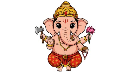Cartoon Elephant God Holding Flower and Axe on White Background