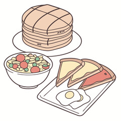 A delicious and wholesome breakfast spread featuring pancakes fruit salad and fried eggs with toast
