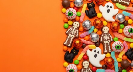 Obraz premium Spooky Halloween Candy and Decorations on Orange Background