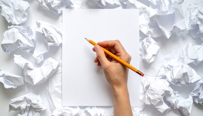 Hand holding pencil over blank paper surrounded by crumpled paper
