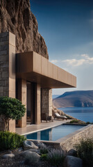 Modern cliffside villa with infinity pool, stone wall, wooden deck, and panoramic sea view, tranquil and luxurious atmosphere