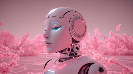 Pink Robot Serene Garden Scene.