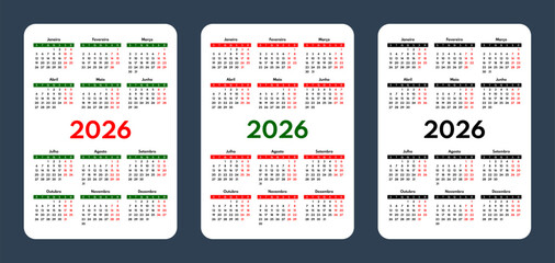2026 pocket calendar set, simple vertical calendar design template, portuguese language month names, two weekends, monday first