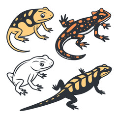 Collection of stylized cartoon frogs and salamanders in various colors and designs