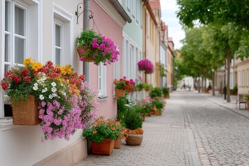 Fototapeta premium Close Up View of European Traditional Houses with Flower Baskets on Windows on a Cobblestone Street