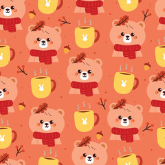 seamless pattern cute cartoon bear with autumn leaves and warm drink. cute animal pattern for autumn background and wallpaper